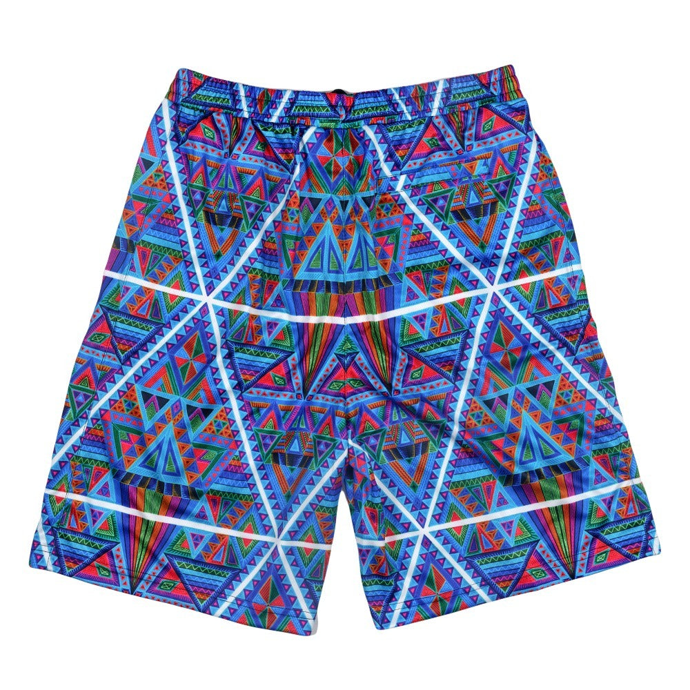 Pantalones cortos de malla azul con triángulos DMT de Chris Dyer