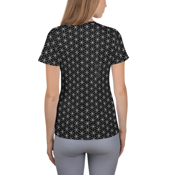 Camiseta deportiva negra para mujer con la flor de la vida